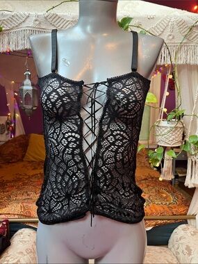 Vintage Goth lace up corset sheer lace camisole cami tank top